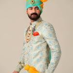 Handmade Sky Blue Gold Maharaja Style Brocade Silk Sherwani | Jaipurio